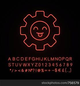 Smiling cogwheel neon light icon. Happy gear. Progress process. Happy innovation. Emoji, emoticon. Glowing sign with alphabet, numbers and symbols. Vector isolated illustration. Smiling cogwheel neon light icon
