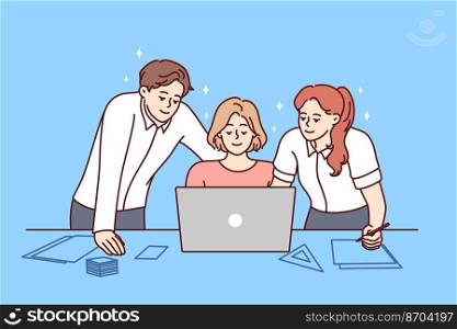 Smiling colleagues look at laptop screen work together on business project in office. Happy businesspeople brainstorm cooperate together on computer. Teamwork. Vector illustration. . Happy colleagues brainstorm on computer 
