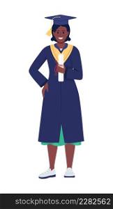 Smiling college graduate semi flat color vector character. Standing figure. Full body person on white. Lady holding diploma simple cartoon style illustration for web graphic design and animation. Smiling college graduate semi flat color vector character