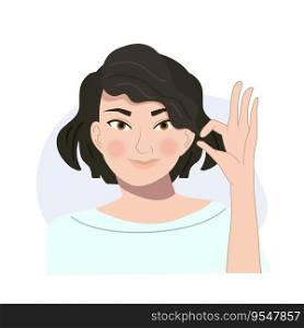 Smiling Confident Female with OK Hand Sign. Positive Gesture. Flat vector cartoon illustration