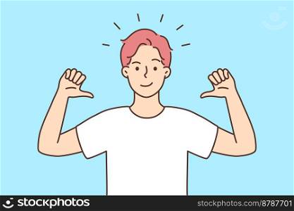Smiling confident man point at himself. Happy male show self-confidence demonstrate top qualities and leadership. Vector illustration. . Smiling confident man point at himself