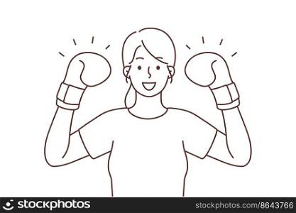 Smiling confident young powerful woman with boxers gloves on hands. Happy girl show power and strength. Vector illustration. . Smiling strong woman in boxers gloves 