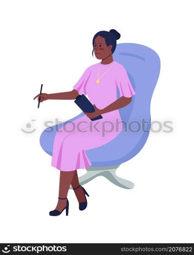Smiling counselor sitting in armchair semi flat color vector character. Full body person on white. Psychological consultant isolated modern cartoon style illustration for graphic design and animation. Smiling counselor sitting in armchair semi flat color vector character