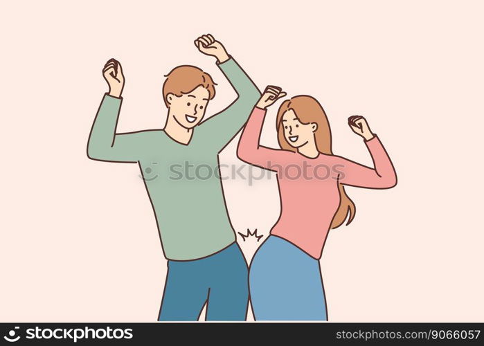 Smiling couple dancing together celebrating success. Happy man and woman make gesture have fun enjoy celebration. Vector illustration. . Smiling couple dance celebrate success