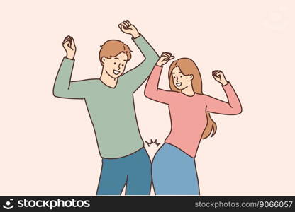 Smiling couple dancing together celebrating success. Happy man and woman make gesture have fun enjoy celebration. Vector illustration. . Smiling couple dance celebrate success