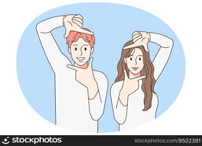 Smiling couple frame face with hands showing photography sign. Man and woman show phot gesture with fingers for facial photograph. Vector illustration.. Smiling couple make frame gesture with hands