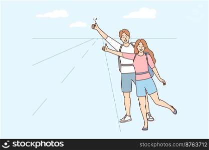 Smiling couple hitchhiking on edge of road. Happy people travelers autostop on highway. Travel and tourism. Vector illustration. . Smiling couple hitchhiking g on road 