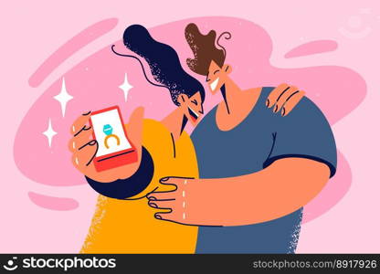 Smiling couple hug feel excited being engaged. Overjoyed woman show engagement ring embrace male lover celebrate proposal. Vector illustration. . Smiling engaged couple show engagement ring