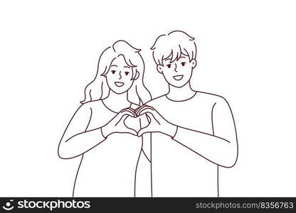 Smiling couple hug show heart hand gesture. Happy man and woman demonstrate love sign share affection and care. Relationships concept. Vector illustration.. Smiling couple show heart hand gesture