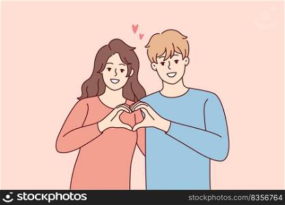 Smiling couple hug show heart hand gesture. Happy man and woman demonstrate love sign share affection and care. Relationships concept. Vector illustration.. Smiling couple show heart hand gesture
