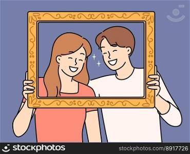 Smiling couple in picture frame feel overjoyed and united. Happy woman and man posing together in photoframe. Relationships and family. Vector illustration.. Smiling couple posing together in picture frame 