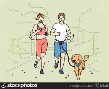 Smiling couple in sportswear jogging together with dog in park. Happy man and woman running outdoors with puppy. Sport and healthy lifestyle. Vector illustration. . Happy couple jogging in park with dog