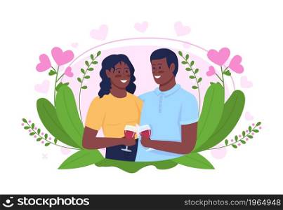 Smiling couple on date 2D vector isolated illustration. Young man and girl drinking wine together flat characters on cartoon background. Romantic moment with boyfriend, girlfriend colourful scene. Smiling couple on date 2D vector isolated illustration