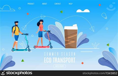 Smiling Couple Riding Electric Scooter in Park. Banner Illustration Summer Season Eco Transport. Happy Young Man and Woman Spend Day Active Sports. Coffee Glass on Blue Background