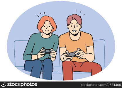Smiling couple sit on sofa at home playing video game together. Happy man and woman have fun enjoy videogame with controllers. Vector illustration.. Smiling couple playing video games