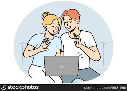 Smiling couple sit on sofa wave talk on video call on computer. Happy man and women have fun enjoy webcam conversation on laptop. Vector illustration.. Smiling couple talk on video call on computer