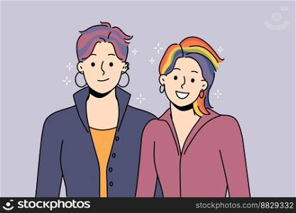 Smiling couple with colorful hair support LGBTQ movement. Happy people in cool funky image stand with LGBT community. Freedom and pride parade. Vector illustration. . Smiling people with colorful hair