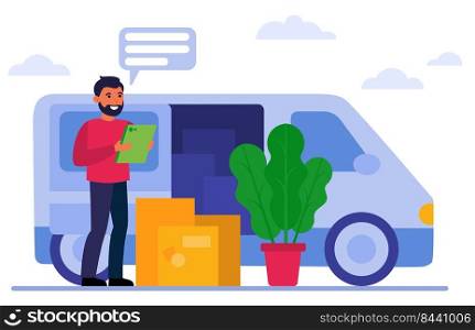 Smiling courier standing near van and boxes flat vector illustration. Cartoon postman shipping packages on truck. Delivery service and transportation concept