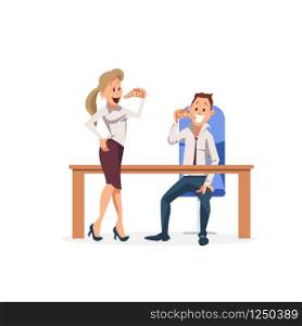 Smiling Coworker Colleague Eat Pizza for Lunch. Happy Woman Stand, Bite Slice of Junk Food. Male Character Sit on Chair at Workplace Table Have Fast Break. Cartoon Flat Vector Illustration. Smiling Coworker Colleague Eat Pizza for Lunch