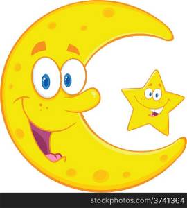 Smiling Crescent Moon And Happy Little Star Cartoon Characters Illustration Isolated on white