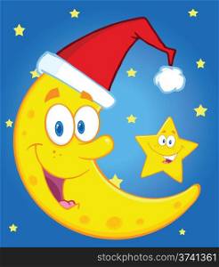 Smiling Crescent Moon With Santa Hat And Happy Christmas Star Cartoon Characters