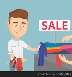 Smiling customer buying clothes in a store on sale. Caucasian man choosing clothes in a shop on sale. Young man shopping in a clothing shop on sale. Vector flat design illustration. Square layout.. Young man choosing clothes in a shop on sale.