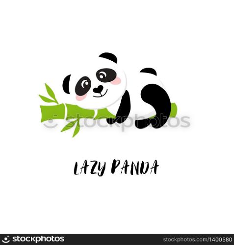 Smiling cute cartoon lazy baby panda lies on bamboo. Vector clip art illustration of asian bear.. Smiling cartoon panda hanging on bamboo. Vector clip art illustration.