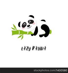 Smiling cute cartoon lazy baby panda lies on bamboo. Vector clip art illustration of asian bear.. Smiling cartoon panda hanging on bamboo. Vector clip art illustration.