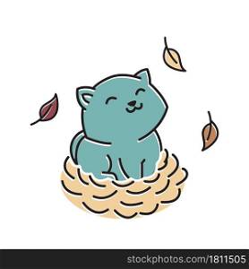 Smiling Cute Little Cat Kitten Nest Autumn Fall Season Cartoon