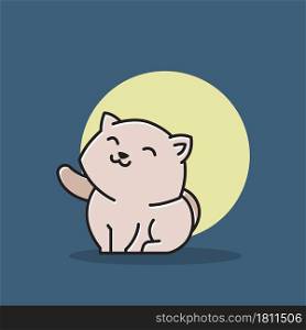 Smiling Cute Little Cat Kitten Night Moon Cartoon