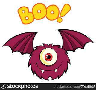 Smiling Cute One Eyed Monster Character Flying With Text