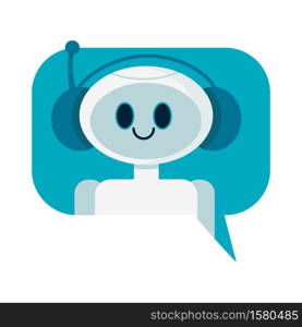 Smiling cute robot chat bot in speech bubble. Support service concept. Vector cartoon flat illustration isolated on white background.. Smiling cute robot chat bot in speech bubble. Support service concept. Vector cartoon flat illustration
