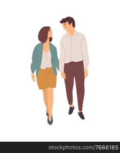 Smiling dating couple walking together isolated people. Vector young cartoon characters on walk, happy just married lovers holding hands spend time together. Smiling Dating Couple Together, Isolated People
