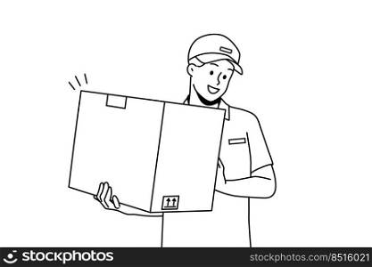 Smiling deliveryman in uniform holding cardboard package. Happy male courier with box deliver order to client. Good delivery service. Vector illustration. . Smiling deliveryman with box in hands 