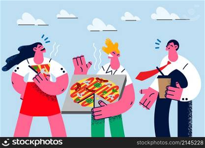 Smiling diverse employees or colleagues enjoy pizza and coffee on office break. Happy businesspeople eating out having Italian fast food together. Express restaurant delivery. Vector illustration. . Happy colleagues eating pizza on office break