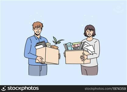 Smiling diverse employees with boxes with personal belongings settle at new workplace. Happy newcomers job candidates relocate move to office. Employment, recruitment. Vector illustration. . Happy employees with boxes settle in new office