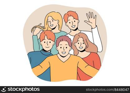 Smiling diverse friends posing for picture together. Happy people have fun feel optimistic enjoy friendship. Unity and diversity. Vector illustration.. Happy friends posing together