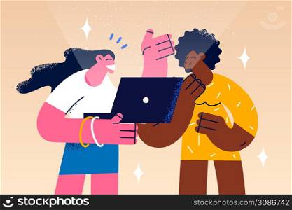 Smiling diverse girls hold laptop talk speak on video call together. Happy multiracial girlfriends enjoy using computer for online communication. Technology concept. Vector illustration. . Smiling diverse girls use laptop together