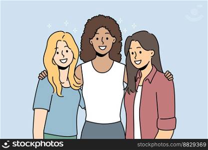 Smiling diverse girls standing together hugging showing friendship and support. Happy multiethnic interracial women posing embracing. Vector illustration. . Smiling multiracial women posing together 