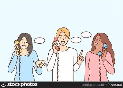 Smiling diverse multiracial people with speech bubbles talk on landline phones. Happy multiethnic men and women speak chat on corded telephones. Communication. Vector illustration. . Smiling diverse people talk on landline phones 