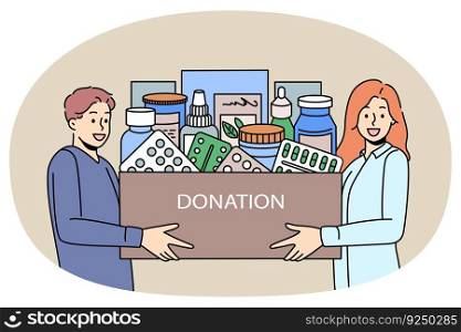 Smiling diverse people hold box with medications donate to poor needy people. Caring man and woman make medicaments or drugs donation. First aid, charity and volunteer. Vector illustration.. Caring people donate medications to people in need