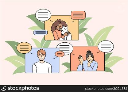Smiling diverse people talk on video call on devices on lockdown. Happy international friends communicate via webcam event or conference. Communication and technology. Vector illustration. . Smiling diverse people communicate online on gadget