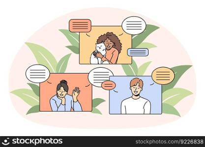 Smiling diverse people talk on video call on devices on lockdown. Happy international friends communicate via webcam event or conference. Communication and technology. Vector illustration.. Smiling diverse people communicate online on gadget