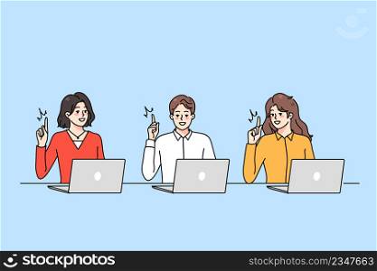 Smiling diverse people working on computer online brainstorm generate creative idea. Happy men and women use laptops think of good innovation. Remote internet job. Vector illustration. . Smiling diverse people working on computer generating ideas
