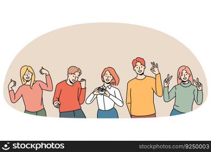 Smiling diverse young people showing hand gestures expressing different emptions. Happy men and women demonstrate ok, yes and heart symbols signs. Body language, communication. Vector illustration.. Smiling people showing hand gesture expressing emotions