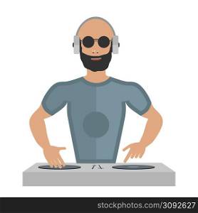 Smiling DJ with console on a white background. Smiling DJ with console