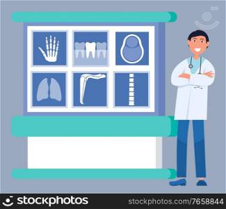 Smiling doctor in uniform standing near x-ray board with image of hand, tooth and chest, spine and lungs. Medical research and diagnostic, ct or mri vector. X-ray Diagnostic, Doctor Research, Clinic Vector