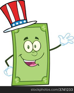Smiling Dollar With American Patriotic Hat Waving For Greeting