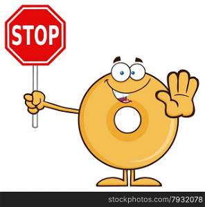 Smiling Donut Cartoon Character Holding A Stop Sign