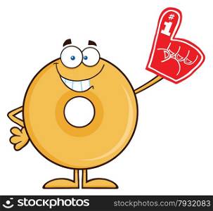 Smiling Donut Cartoon Character Wearing A Foam Finger